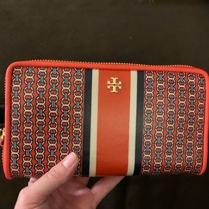 Tory Burch Chain Link Stripe Wallet Samba Red